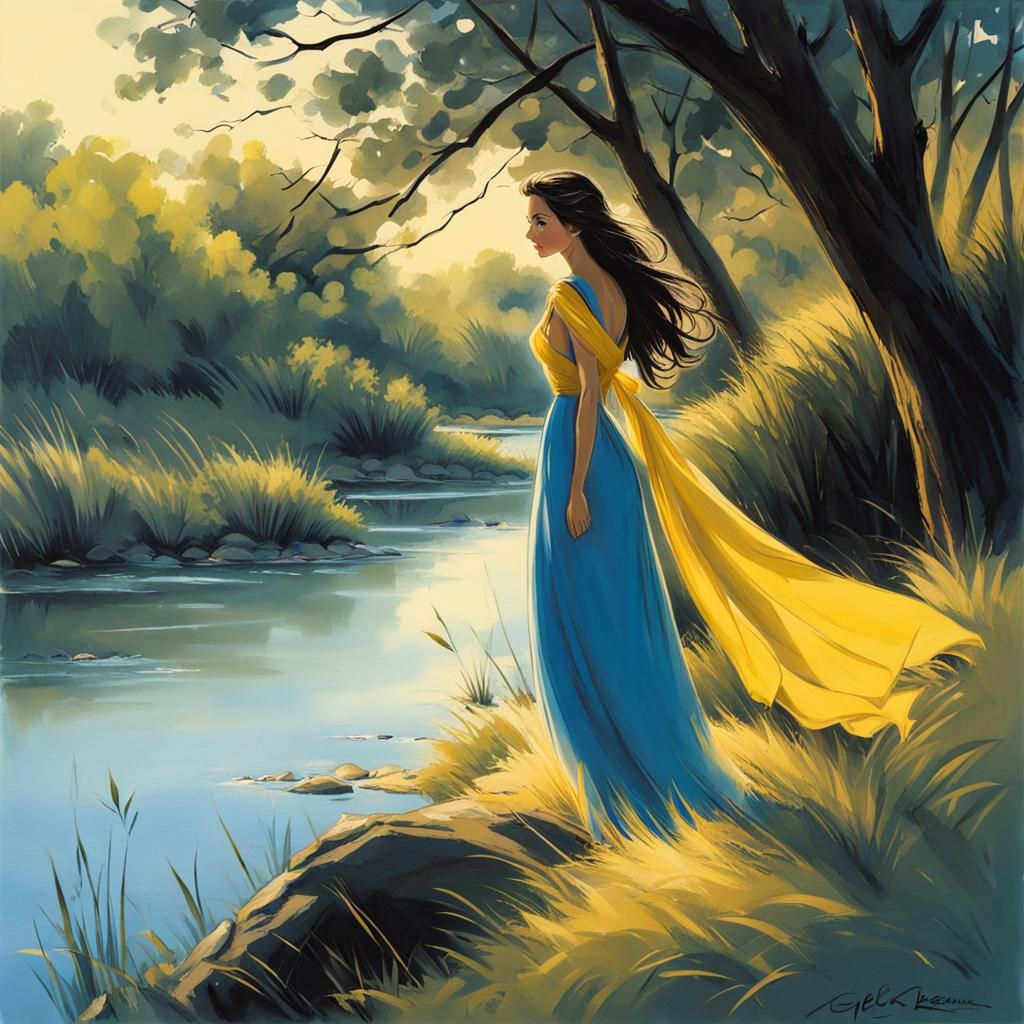 Woman at Riverbank in Hand-Drawn Illustration Style