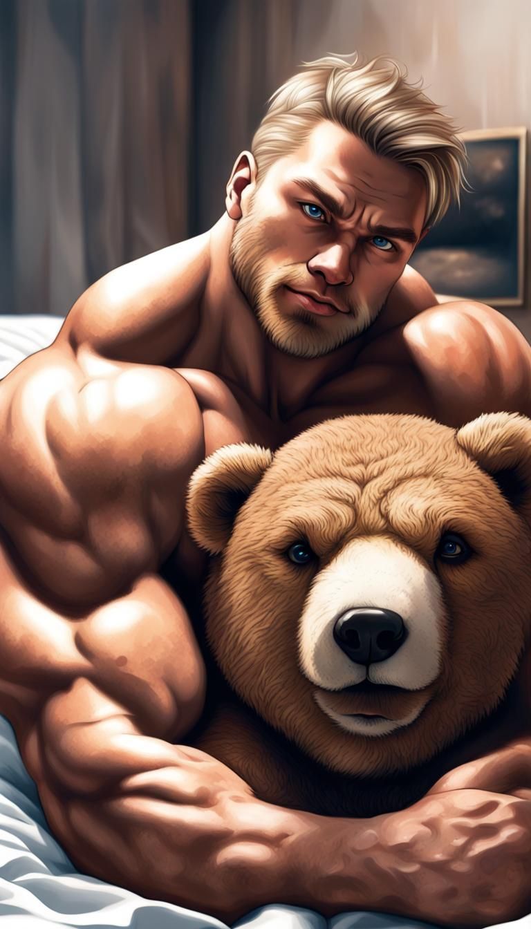Bodybuilder Hugging Teddy Bear in Hyperrealistic Style