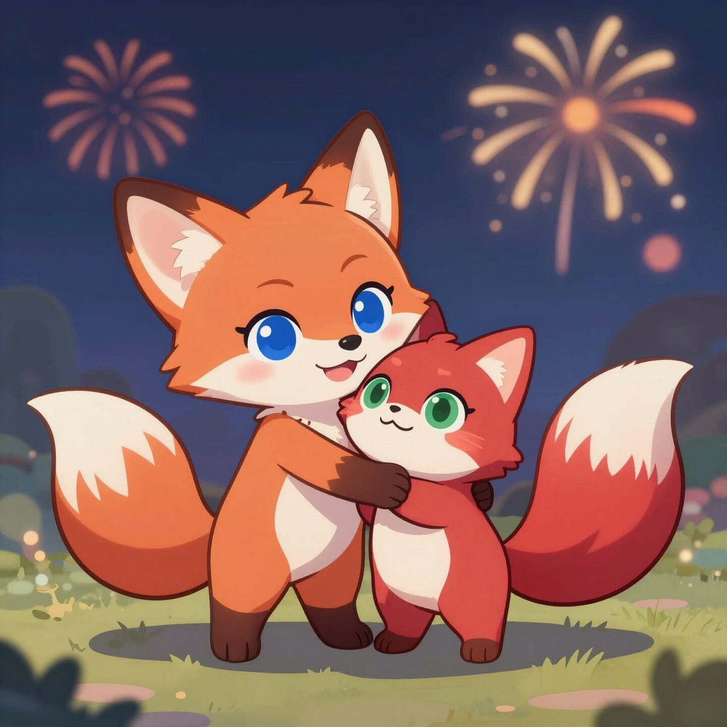 Kawaii Fox Hugs Cat Amidst Fireworks