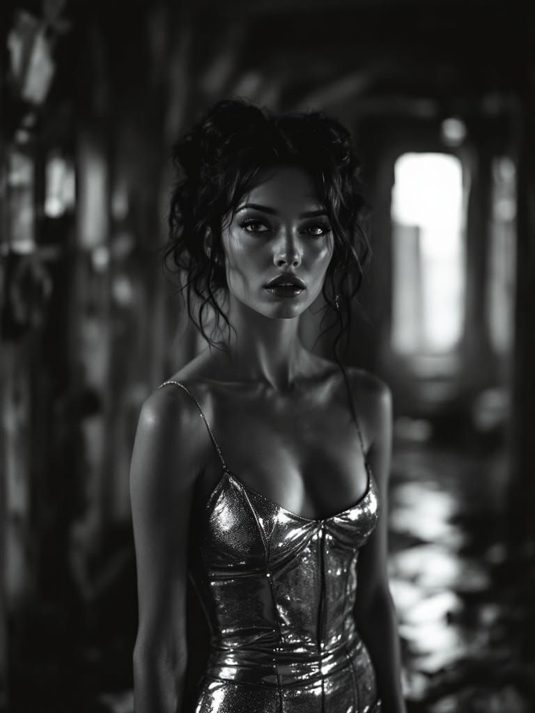 Post-Apocalyptic Stillness: Woman in Gold Dress