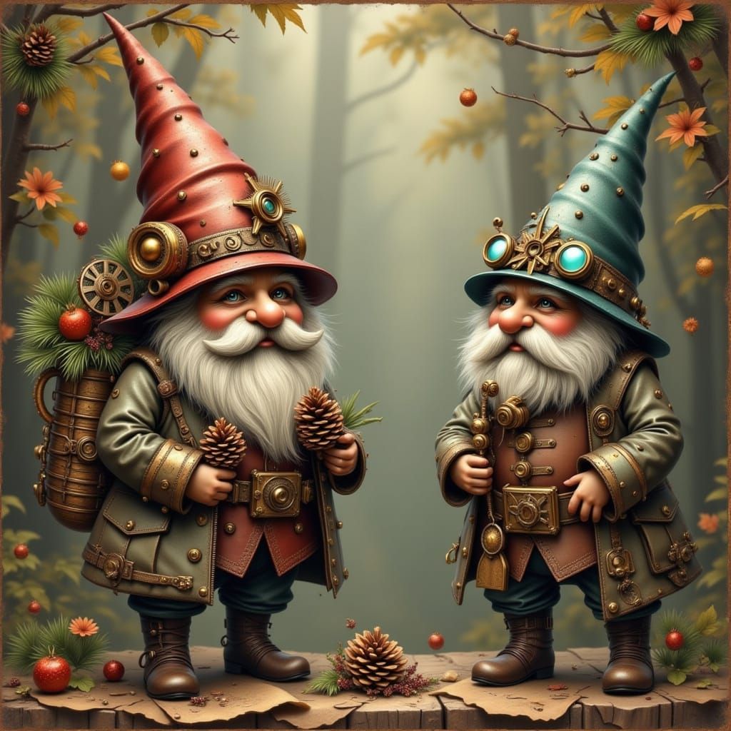 Steampunk Gnomes Carrying Golden Pine Cones