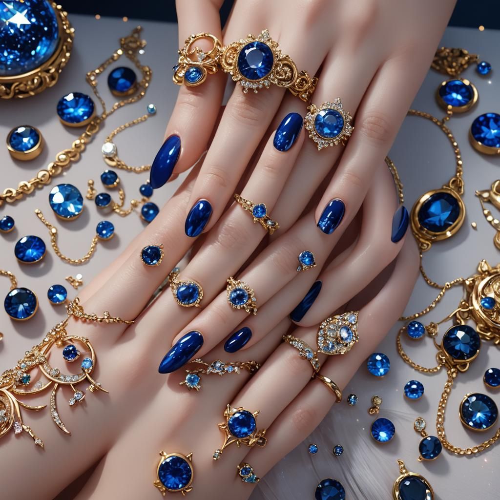 Glittering Blue Cat Moon Nails: 3D Anime Art