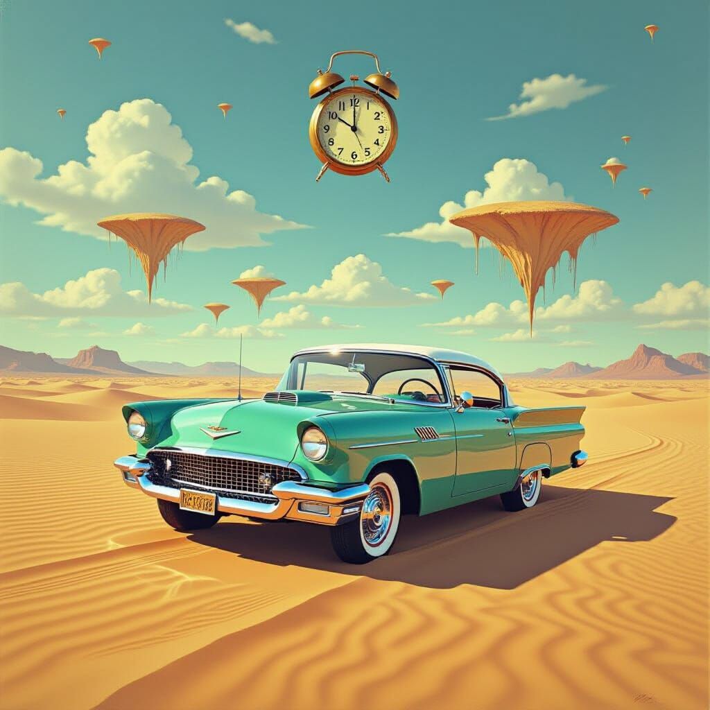 Vintage 50s Car in Surreal Desert with Melting Clocks