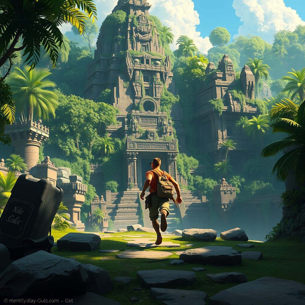 Exotic Adventurer Runs Through Ancient Jungle Temple
