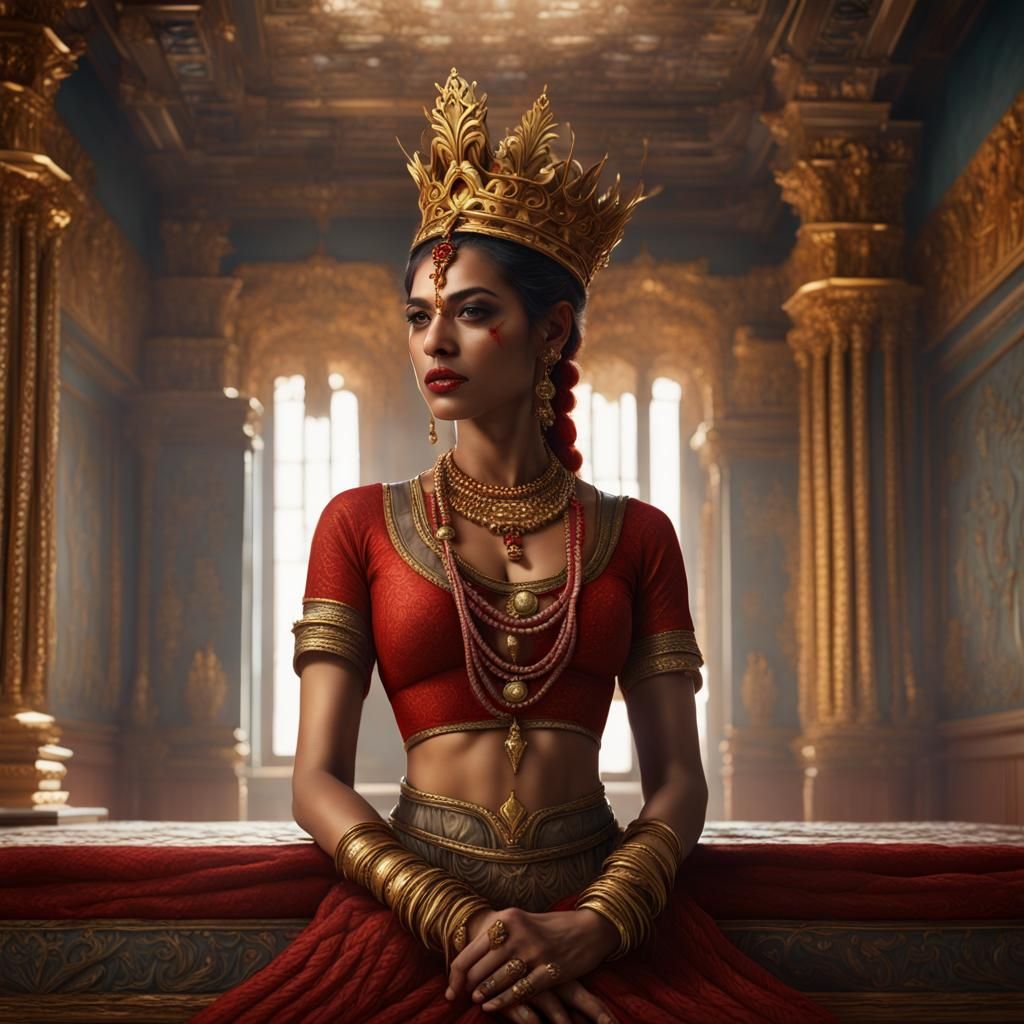 Indian Woman Kneeling in Palace Bedroom: Fantasy Art