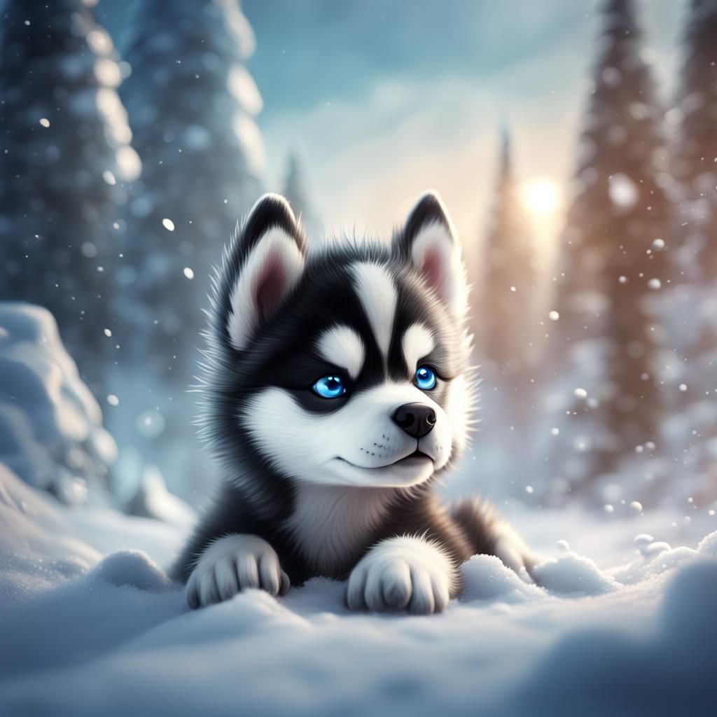 Cute Newborn Husky in Snowy Fantasy Art