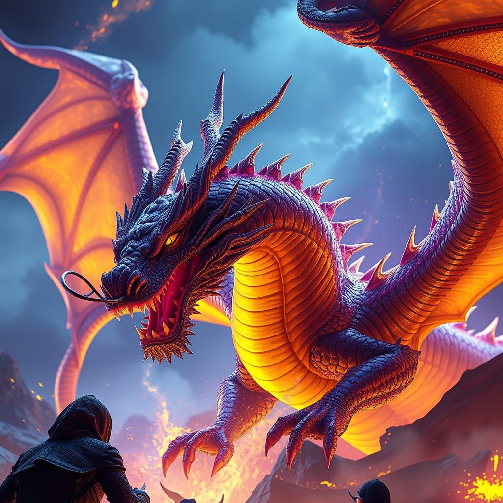 Cyberpunk Ghidorah in Deep Purple and Yellow Hues