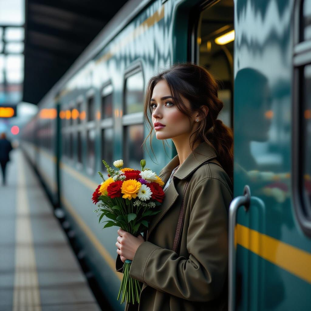 Woman with Flowers at Train Door: Candid Emotion