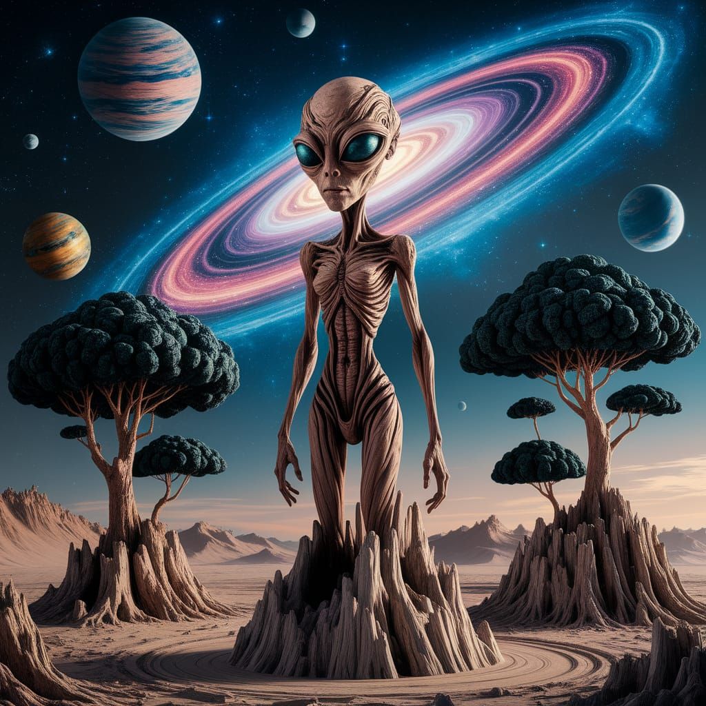 Log Sculpture of a Slender Alien on Alien Planet