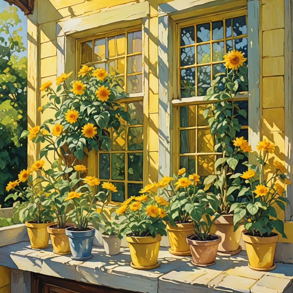 Yellow House with Flowers in Gouache Style
