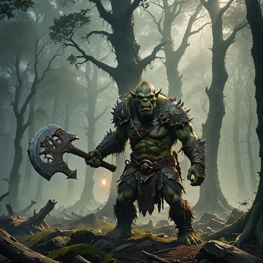 Zombie Orc in Misty Forest: High Fantasy Concept Art