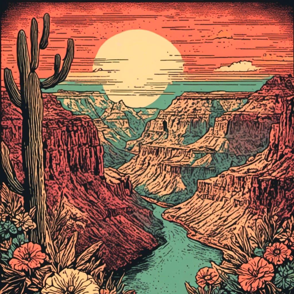 Grand Canyon Sunset in Vintage Illustration Style