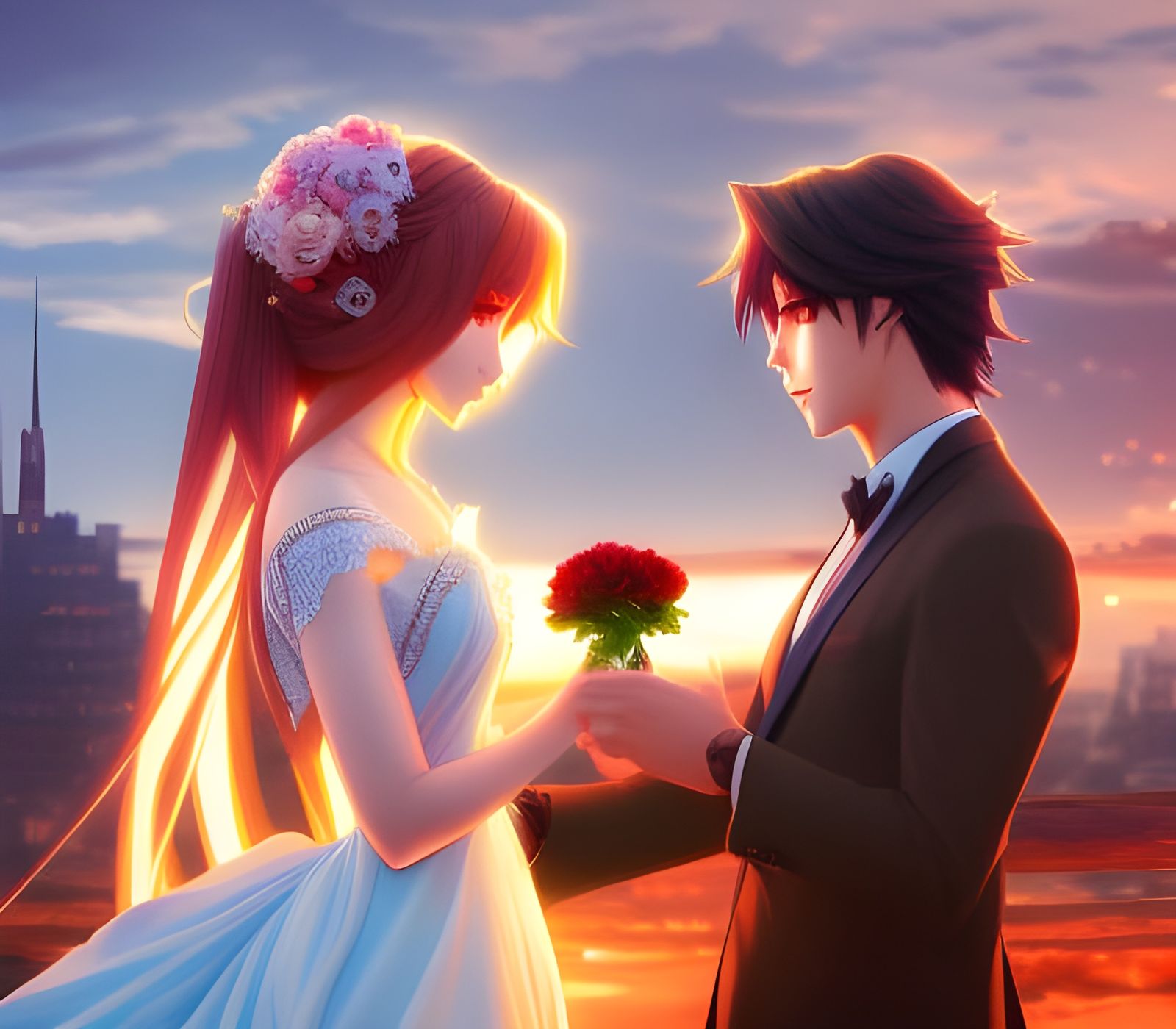 Romantic Gift: Rose for Anime Girl in Art Nouveau Style