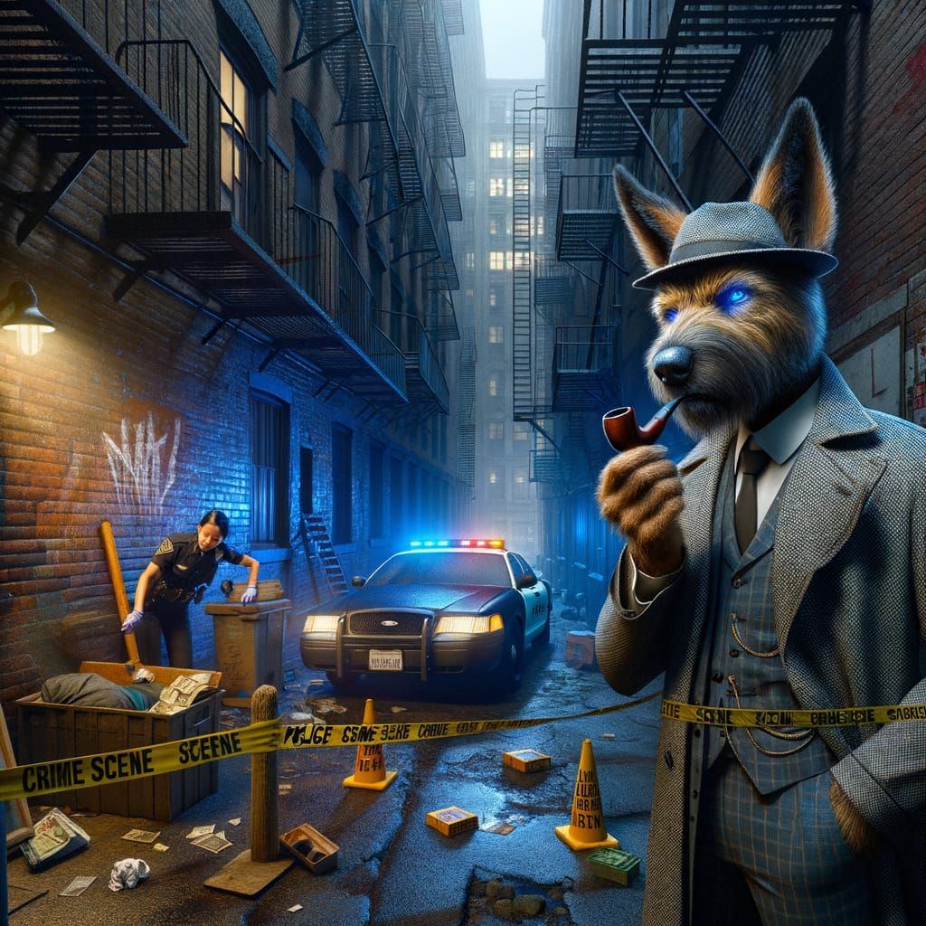 Wolfhound Detective Investigates Crime Scene