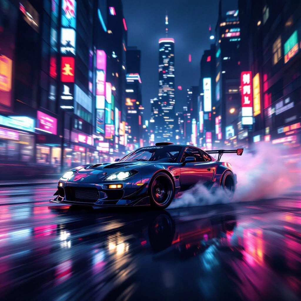 Sports Car Drifting on Wet City Street at Night