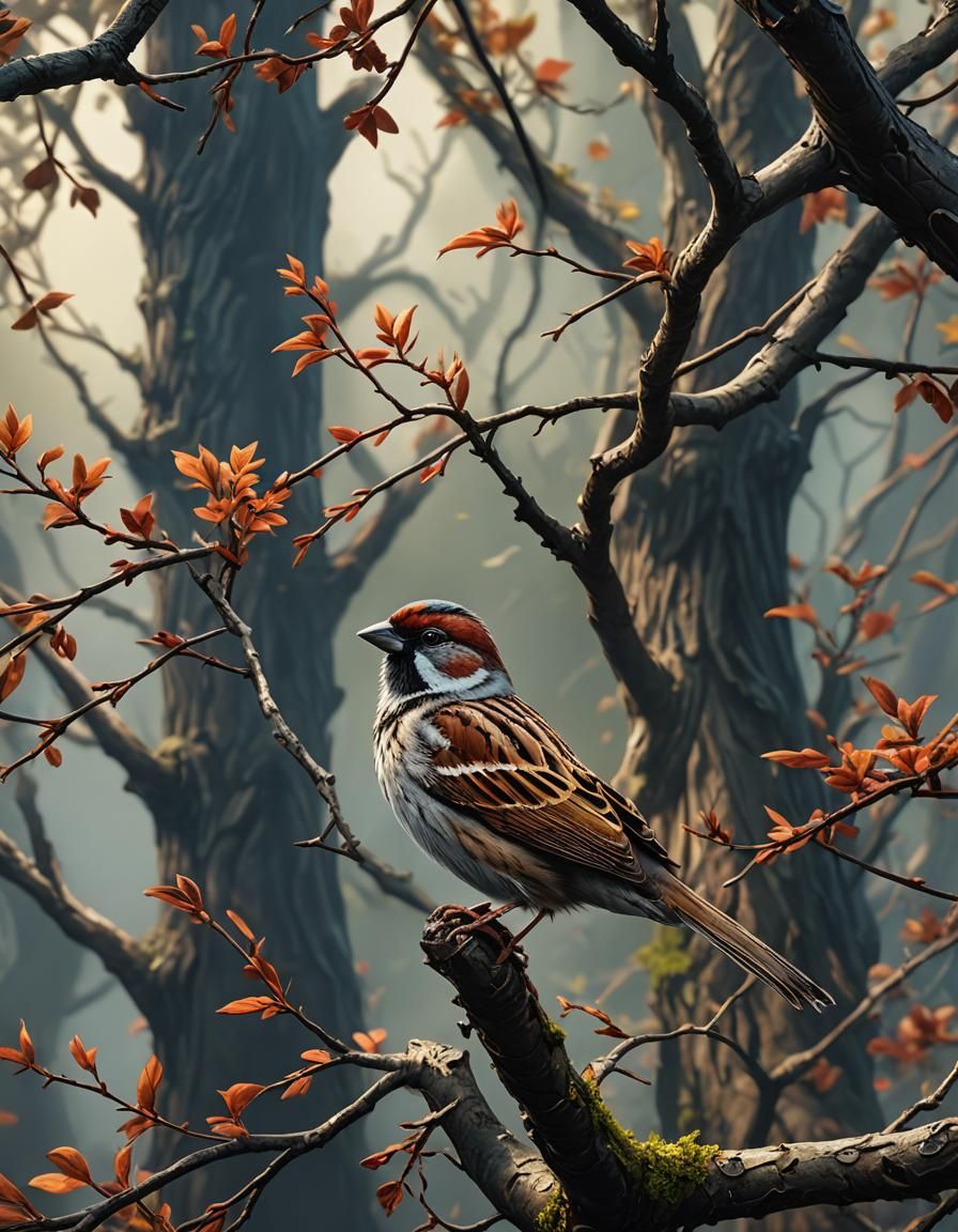 Sparrow on Branch: Detailed Matte Painting