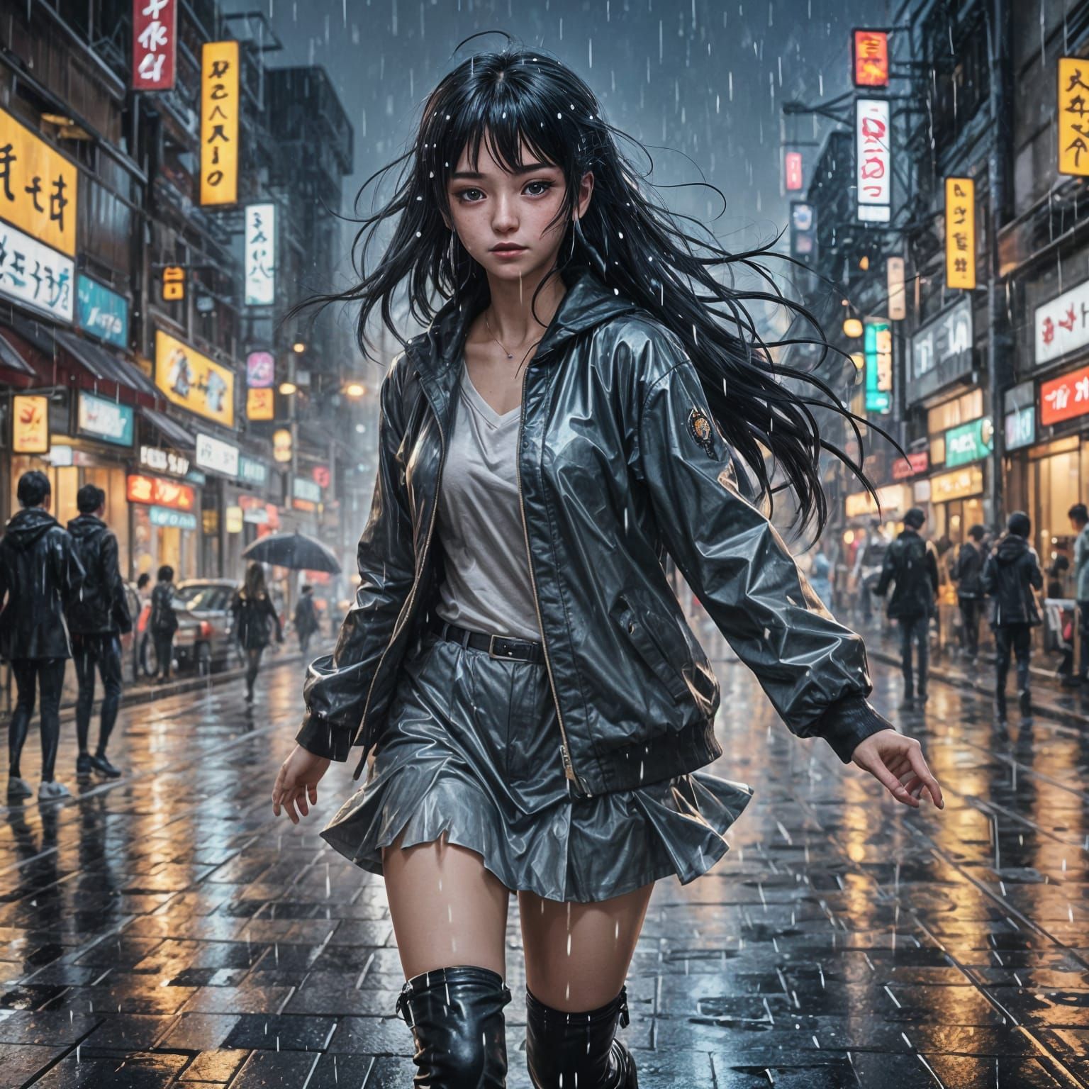 Anime Girl Dancing in Rainy Weather: 3D Art