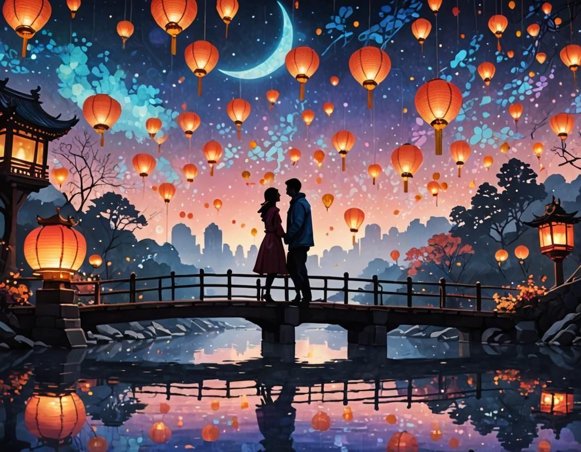 Romantic Lantern Festival Acrylic Painting at Night