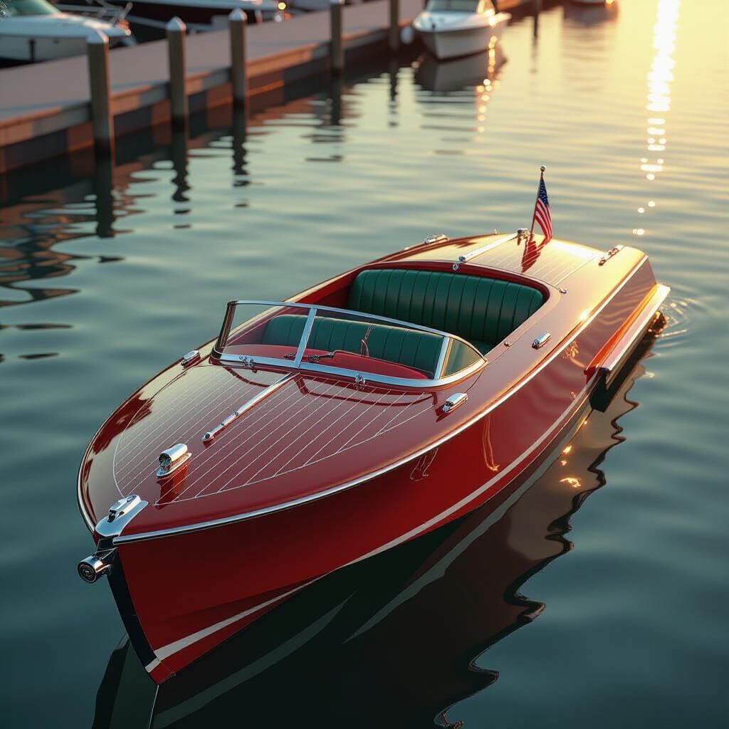 Glossy Red Vintage Speedboat Docked at Sunset