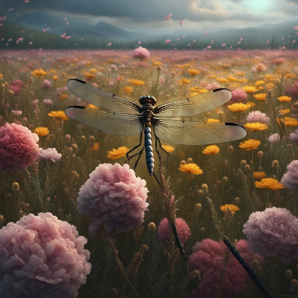 Dragonfly in Flower Field: Dramatic Digital Matte Painting