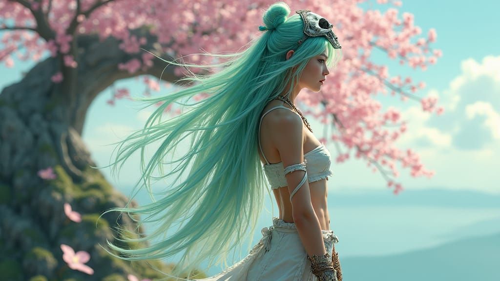 Ethereal Warrior Amidst Cherry Blossoms in Cyberpunk Style