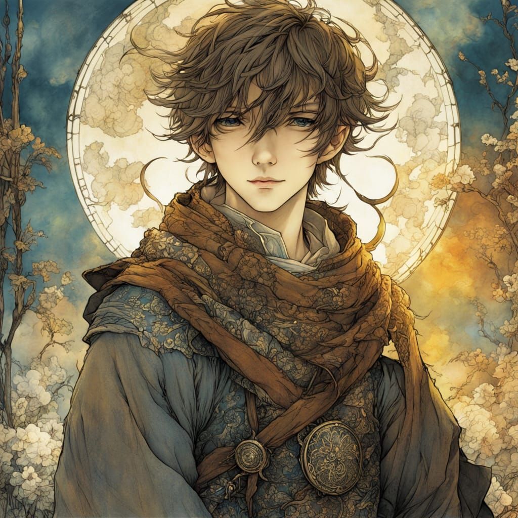 Boy in Luminous Sunny Woods, Arthur Rackham Style