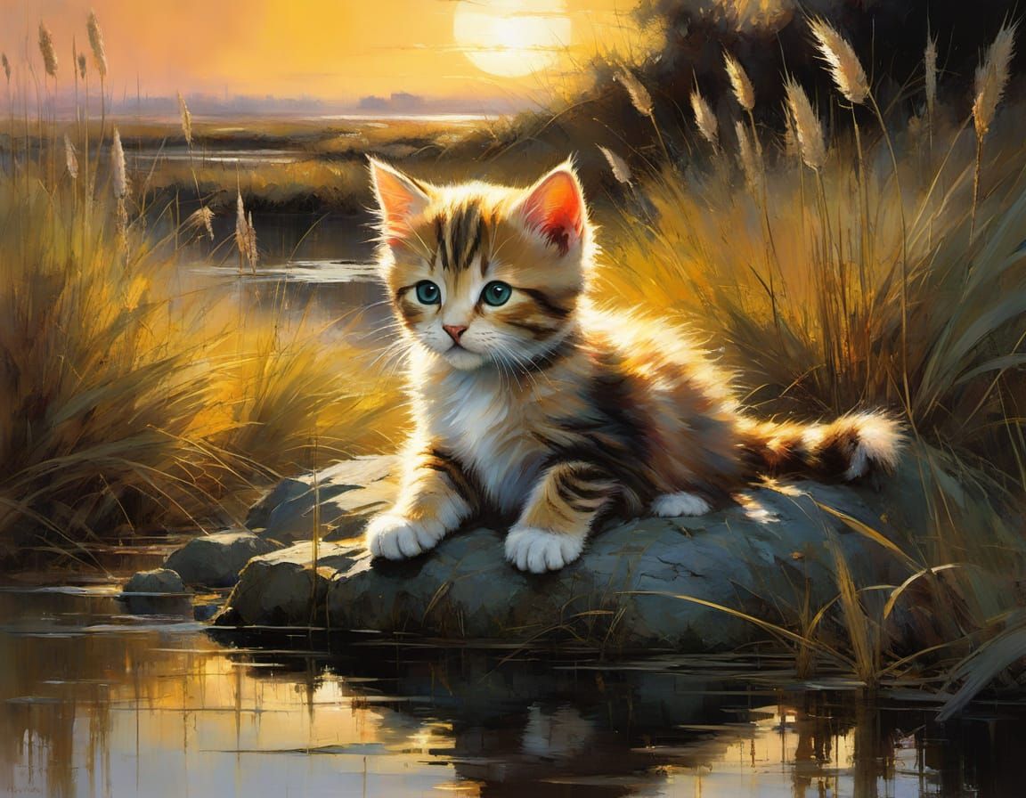 Surreal Kitten Portrait in Dramatic Sunset Light