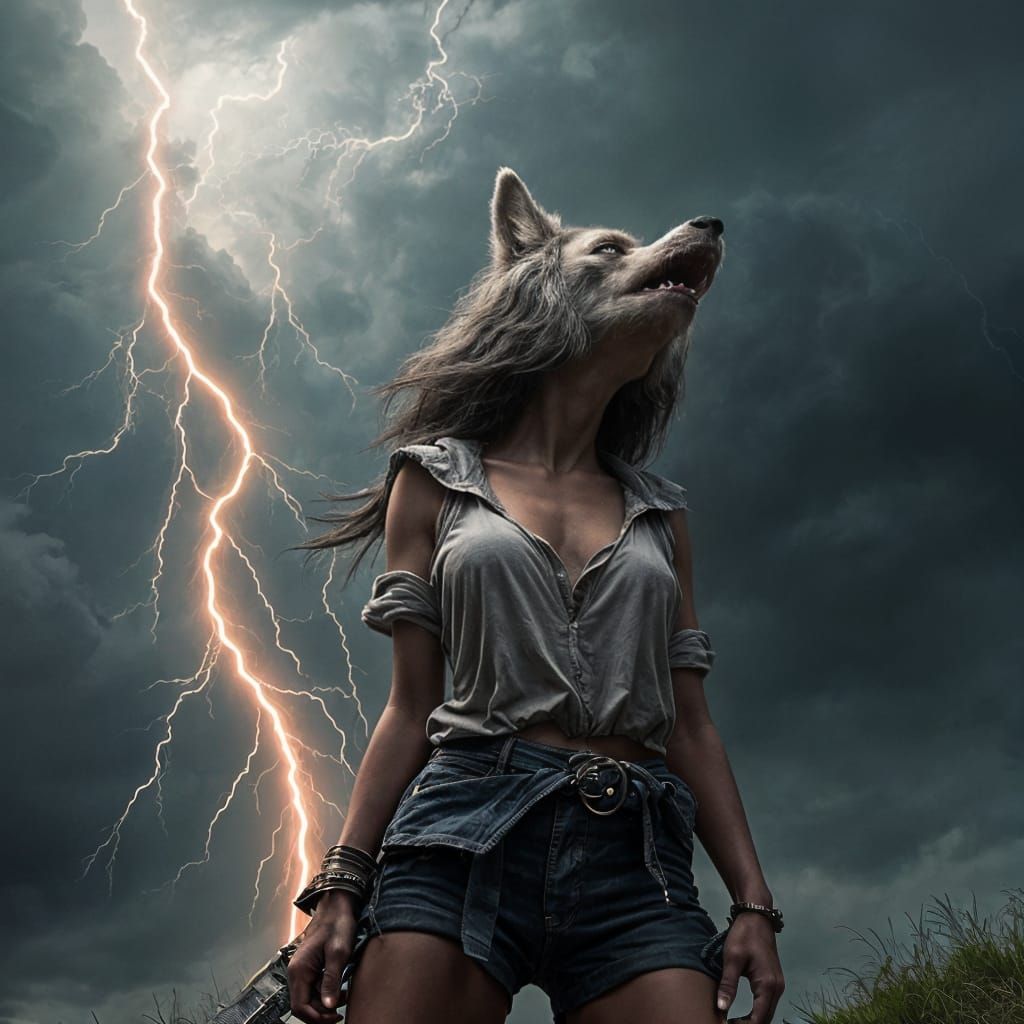 Female Werewolf in Turbulent Stormy Sky