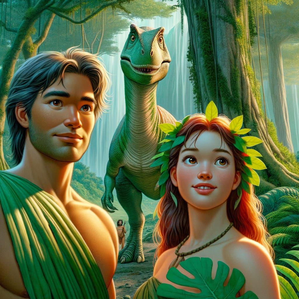 Adam and Eve Meet a Dinosaur in Paradise