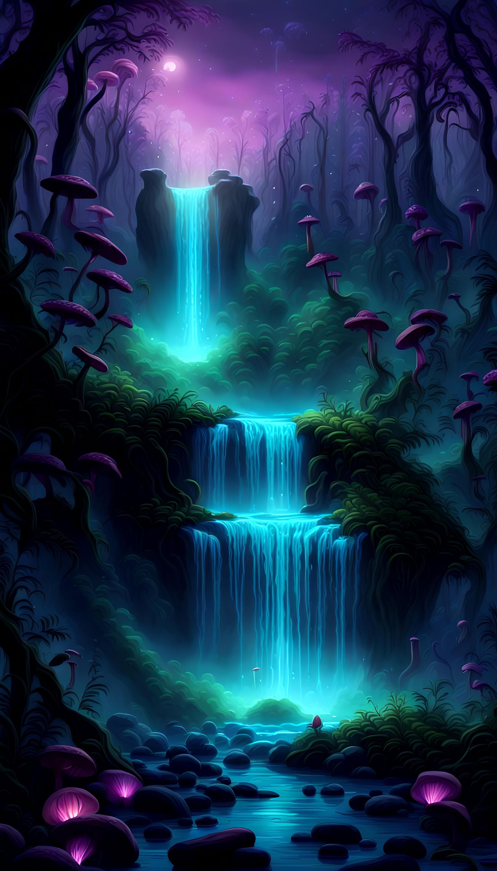 Bioluminescent Waterfall at Night with Fireflies