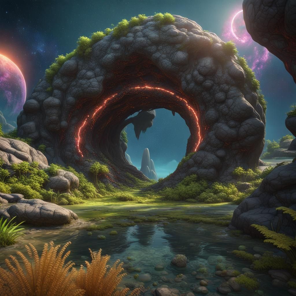 Alien Rock Portal to Galaxy in Lush Alien World