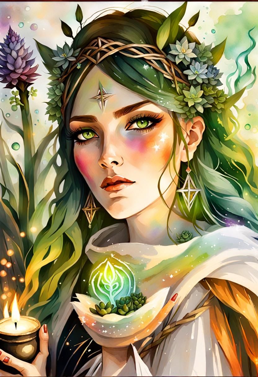 Imbolc Altar with Goddess and Succulents in Watercolour