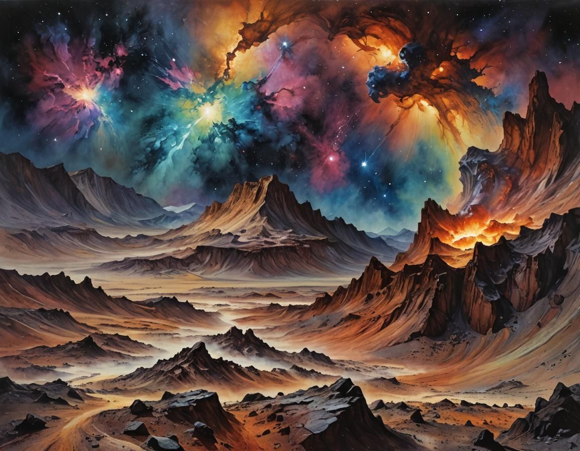 Cosmic Landscape in Oil Painting Style