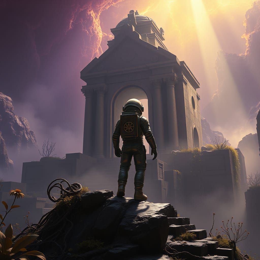 Astronaut's Mystical Leap in an Alien Temple