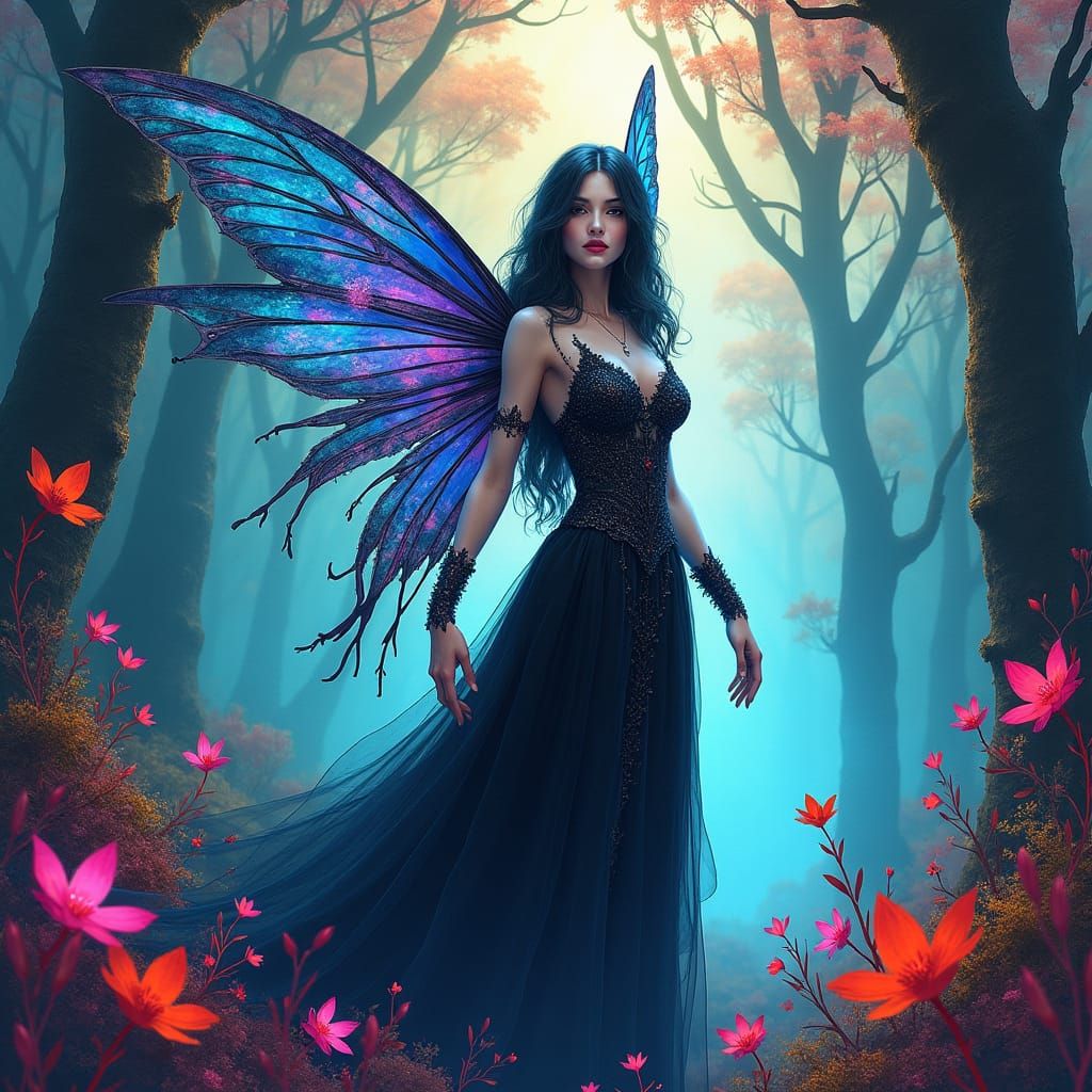 Beautiful Gothic fairy Surrounded by bright colors and an enchanted forest  art deco Splash art Ukiyo-e volumetric light...