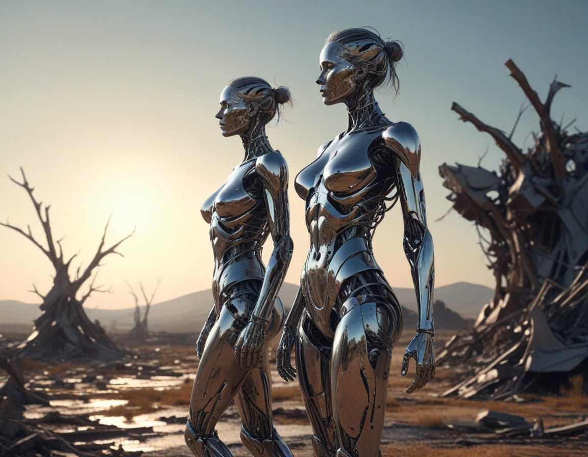 Decaying Technological Woman in Desolate Landscape