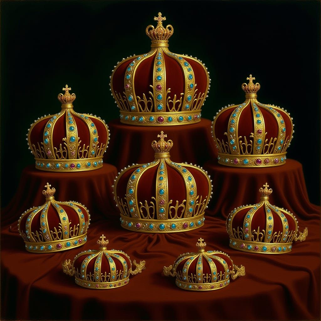 Opulent Crown and Tiara Collection on Velvet Cushion