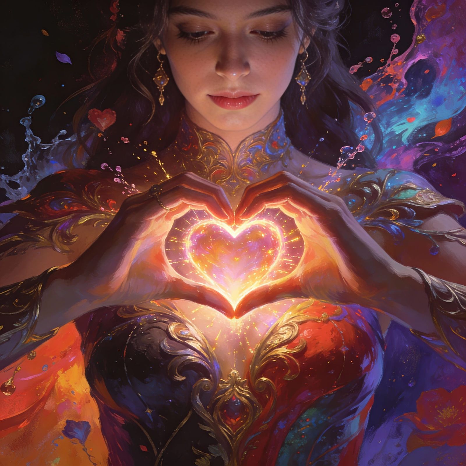 She has her hands shaped in the heart position.  Beautiful broadcast of Love.