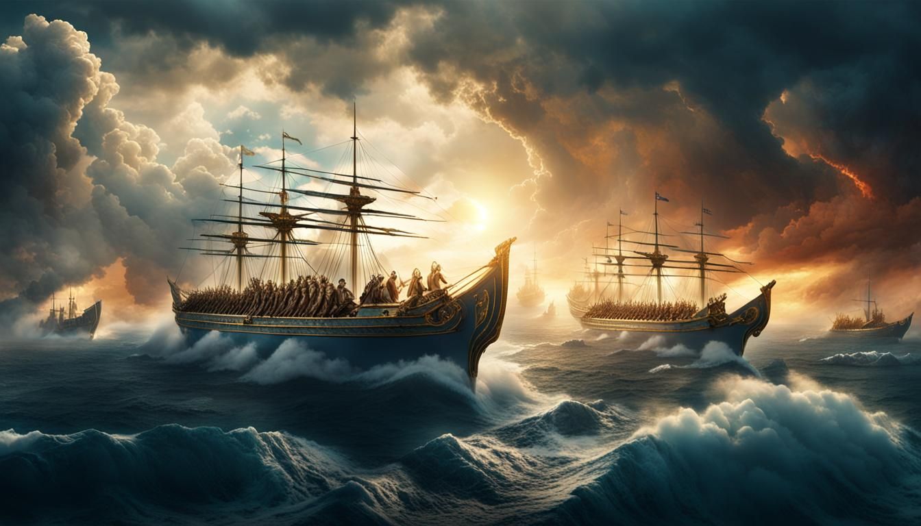 Aegean Naval Battle Watched by Greek Goddesses