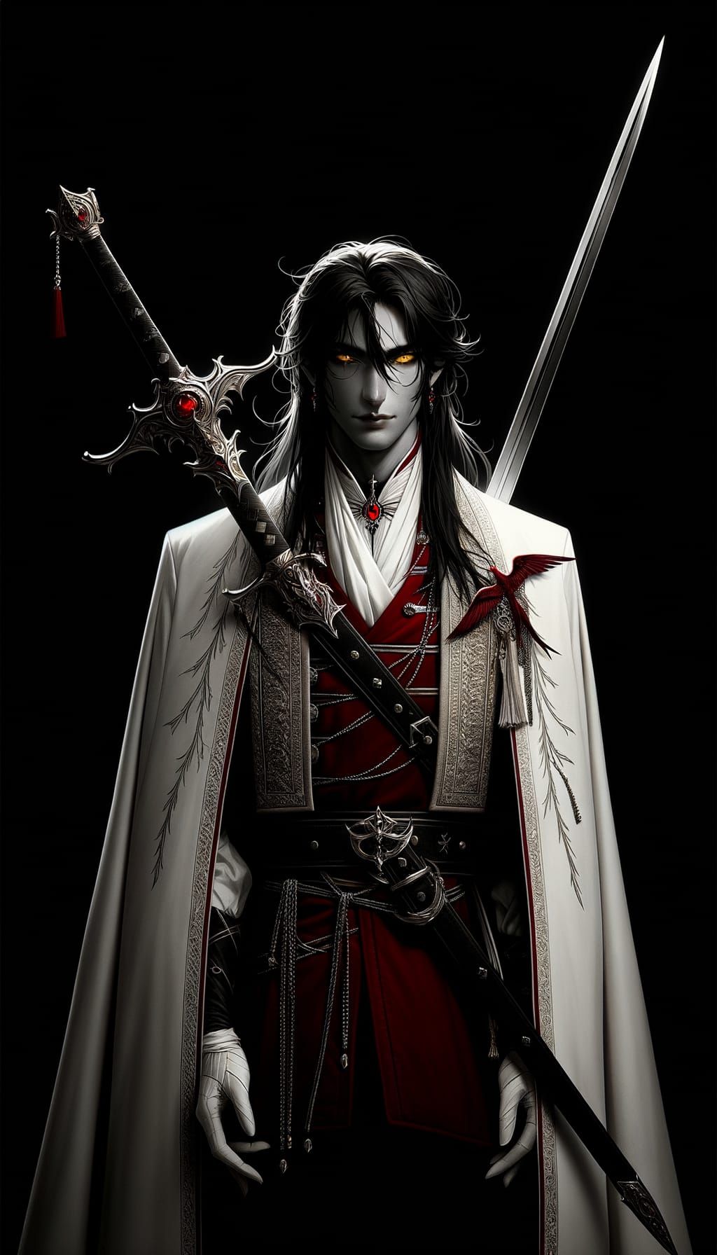 Androgynous Spellblade Wields Zweihänder on Black Backdrop