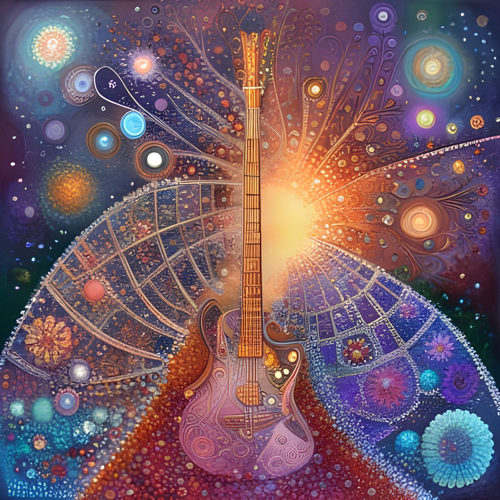 Radiant Guitar in Cosmic Garden: Hyperrealistic Splash Art