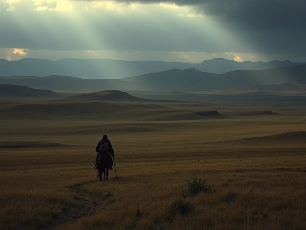 Nomadic Warrior in Dark, Misty Steppe Landscape