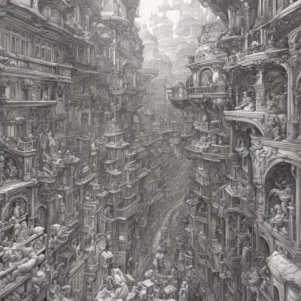 Crowded City Street: Art Nouveau Line Drawing