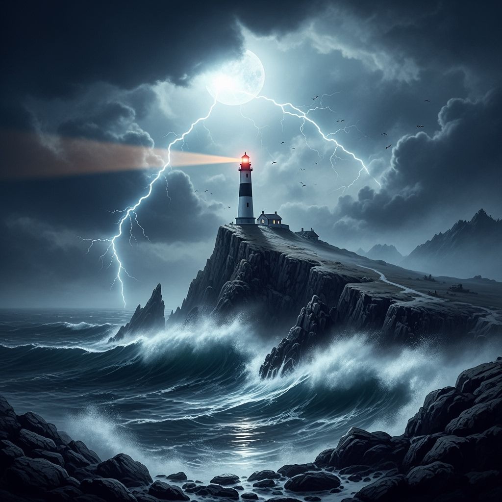 Gothic Lighthouse on Cliff During Storm