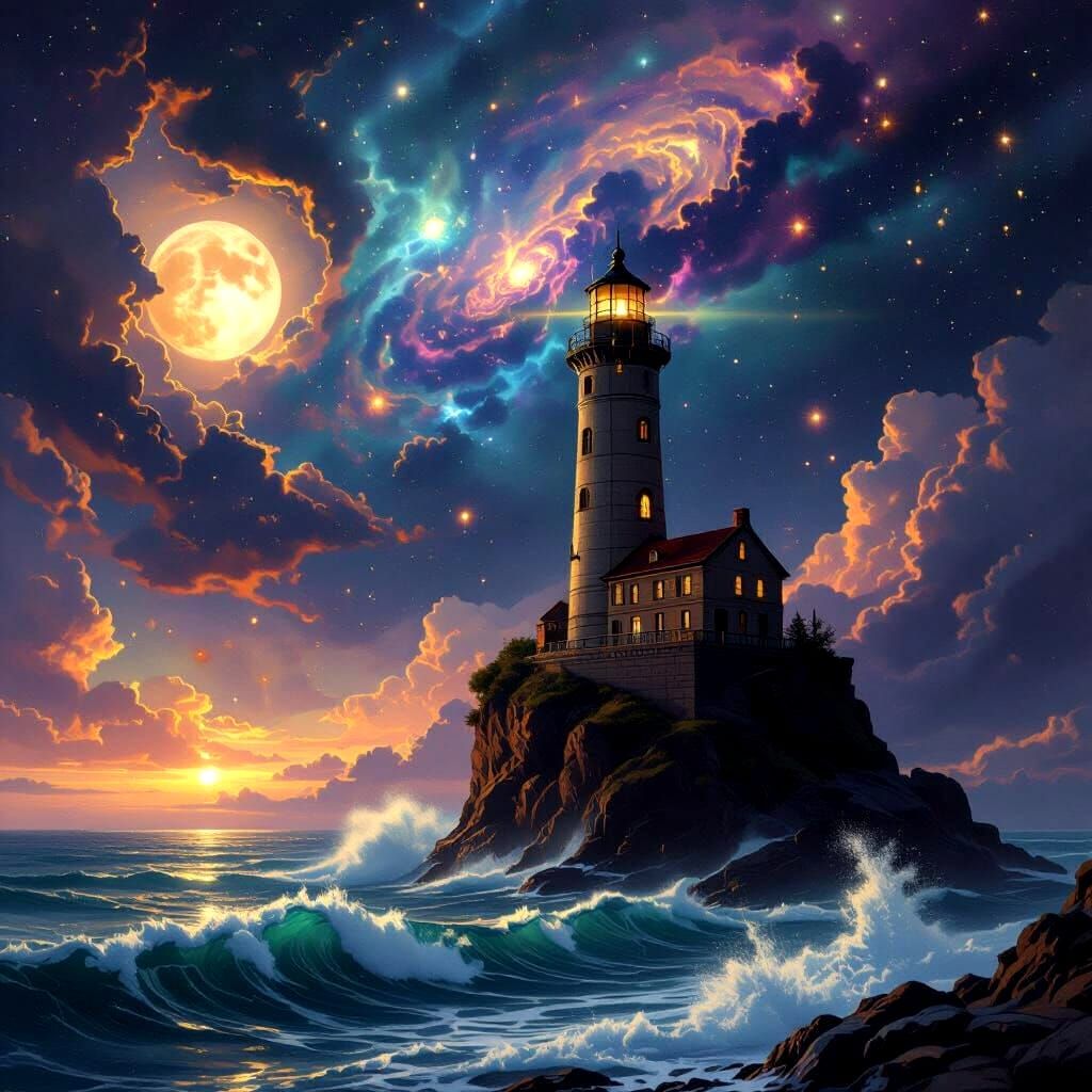 Majestic Lighthouse Overlooking Nebula in Painterly Style