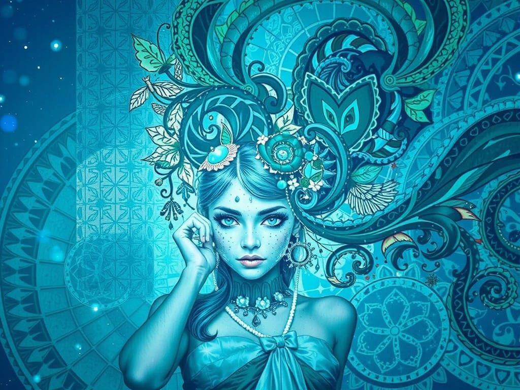 Elegant Woman in Mosaic Zentangle Dreamscape