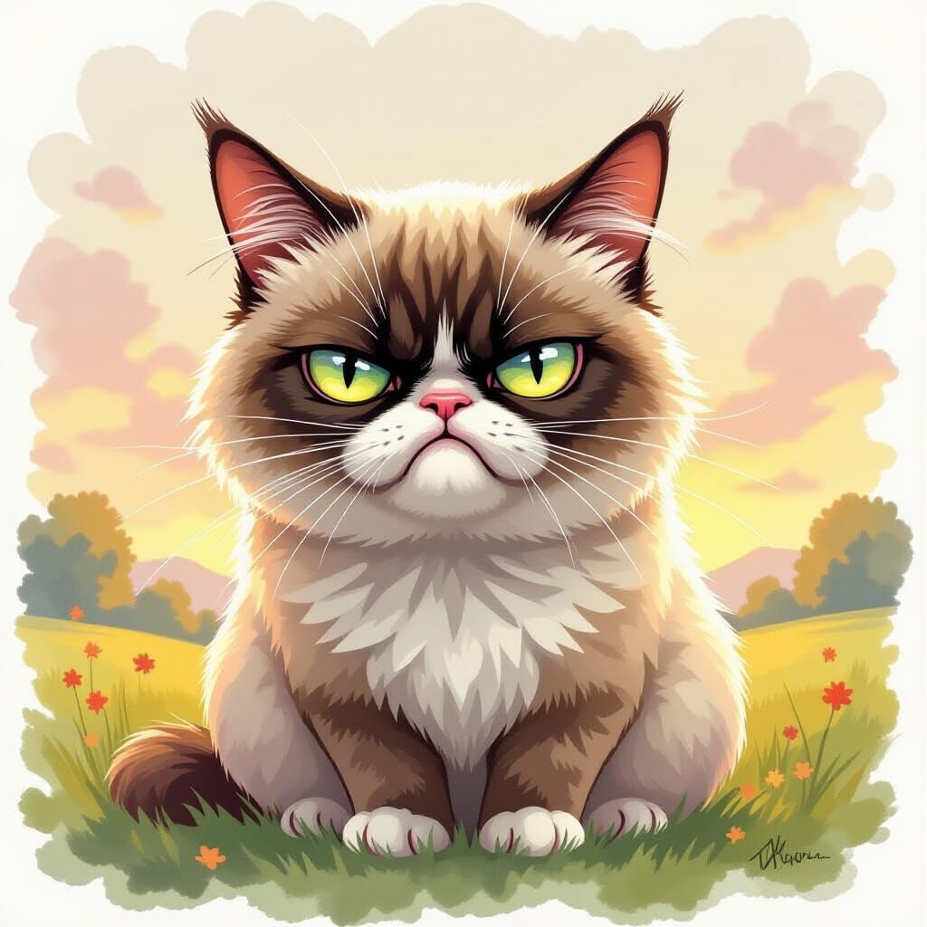 Grumpy Cat Caricature in Watercolor Style