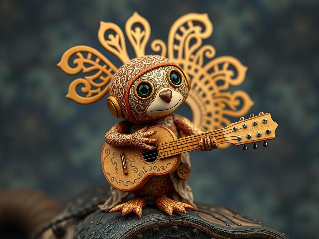 Tiny Brocaded Automata Singing Wood Carving