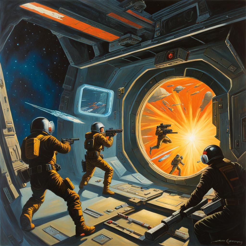 Space Station Ground Combat in Retro-Futuristic Style