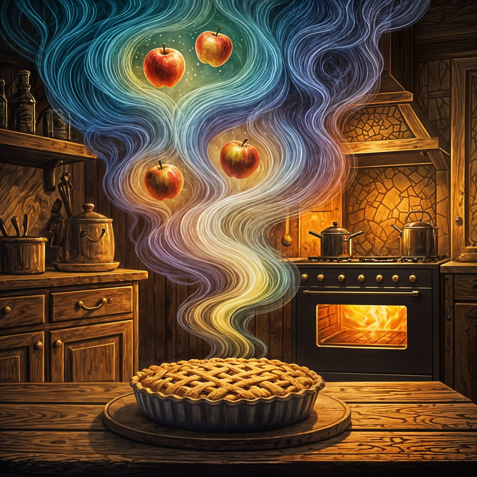 Dreamy Kitchen Scene with Apple Pie in Watercolor